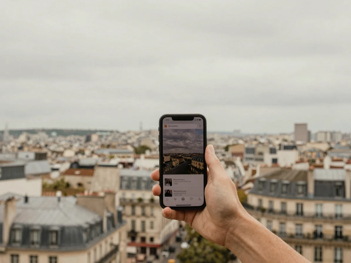 Wide environmental shot of a European cityscape (e.g., Paris) wit