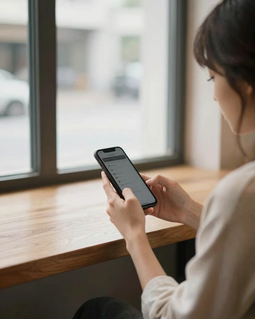 Adult examining smartphone screen while sitting near a window in a quiet coffee shop, soft natural daylight, shallow dep